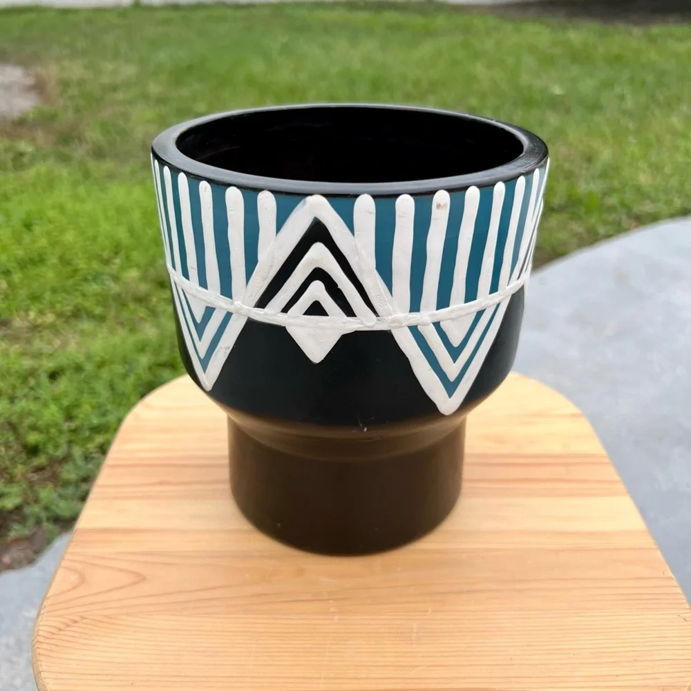 West Elm Peruvian Planter Pot Ceramic Black White Blue